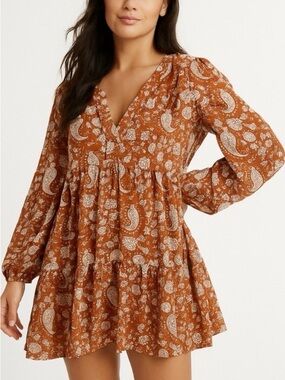 Boho Paisley Long-Sleeve Mini Dress